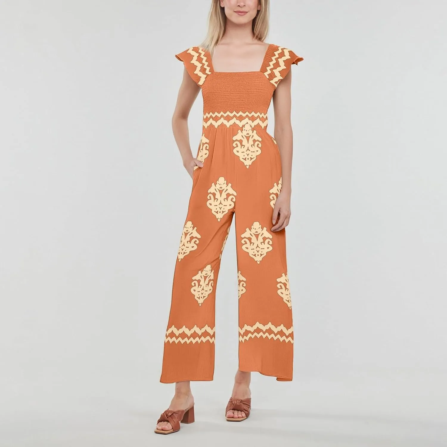 Boho Overalls for Women Wide Leg Floral Jumpsuits Square Neck Cap Sleeve Smocked Jumpsuit Summer Vacation Outfits Pockets