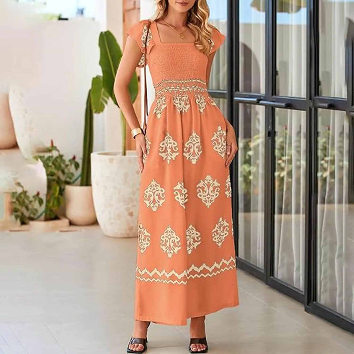 Boho Overalls for Women Wide Leg Floral Jumpsuits Square Neck Cap Sleeve Smocked Jumpsuit Summer Vacation Outfits Pockets
