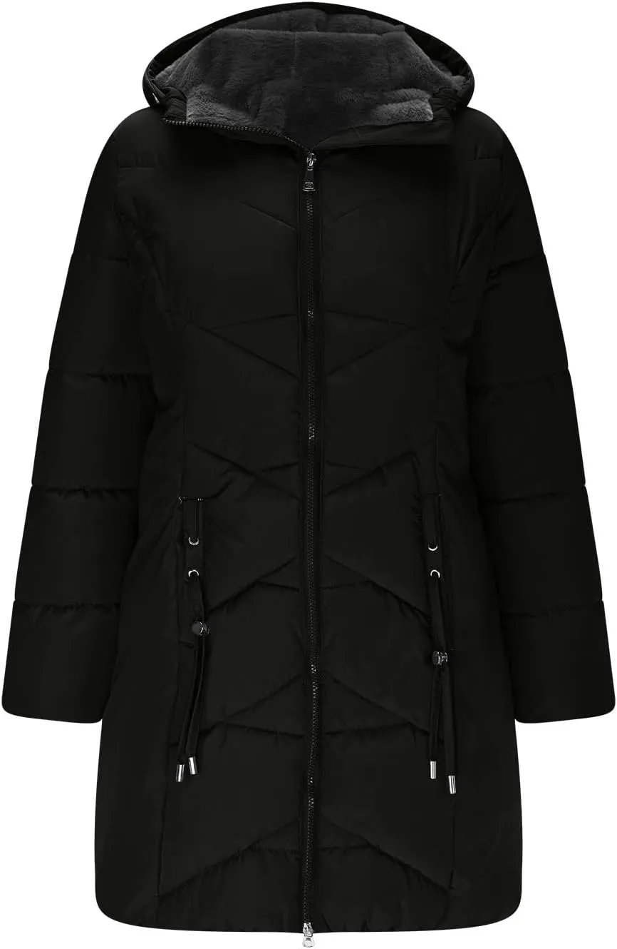 Borniu Women's Hooded Warm Winter Coat Quilted Thicken Puffer Jacket Fleece Lined Down Jacket Outerwear with Pockets