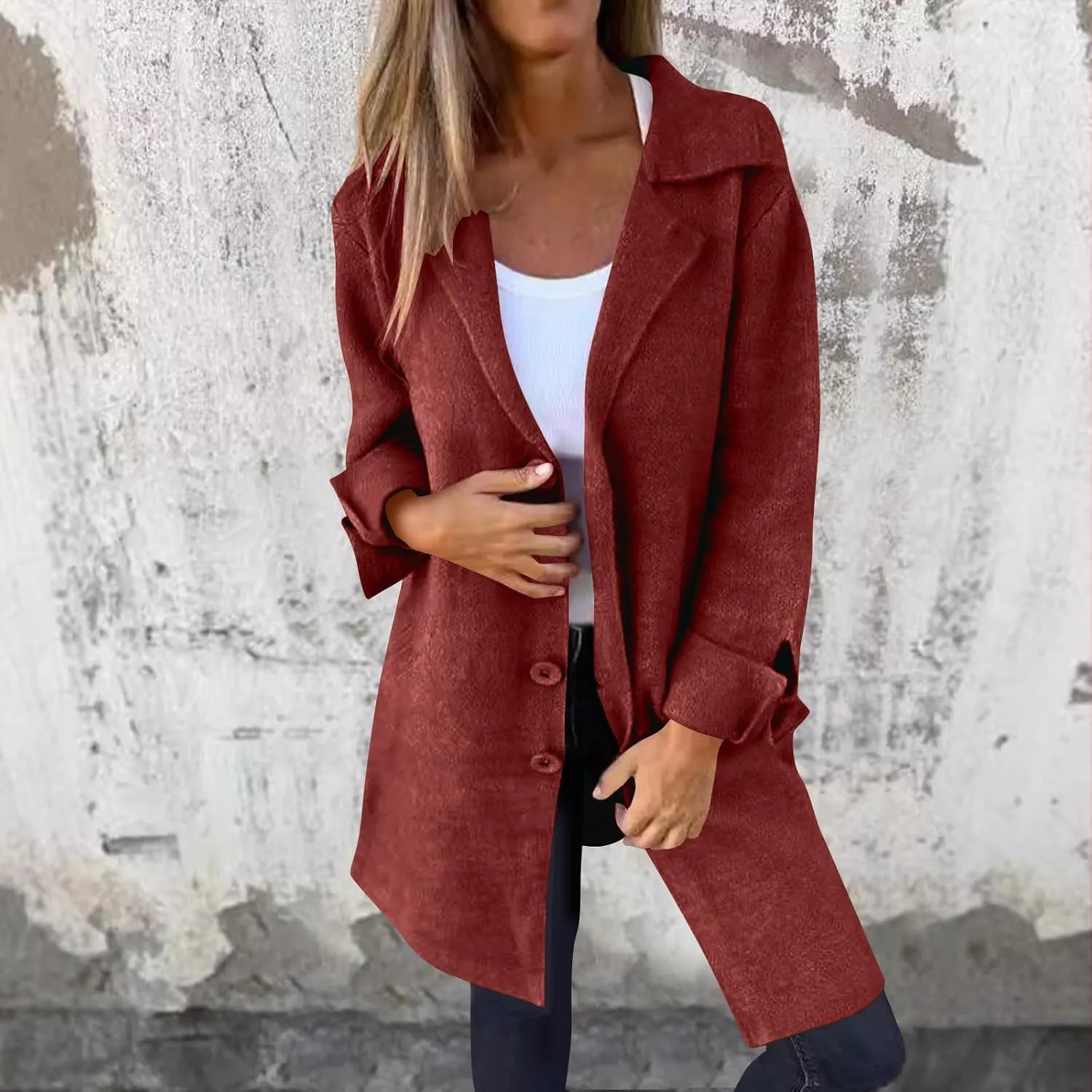 Borniu Womens Long Wool Blend Pea Coat Single Breasted Trench Coat Notch Lapel Open Front Cardigan Jacket Fall Winter Clothes