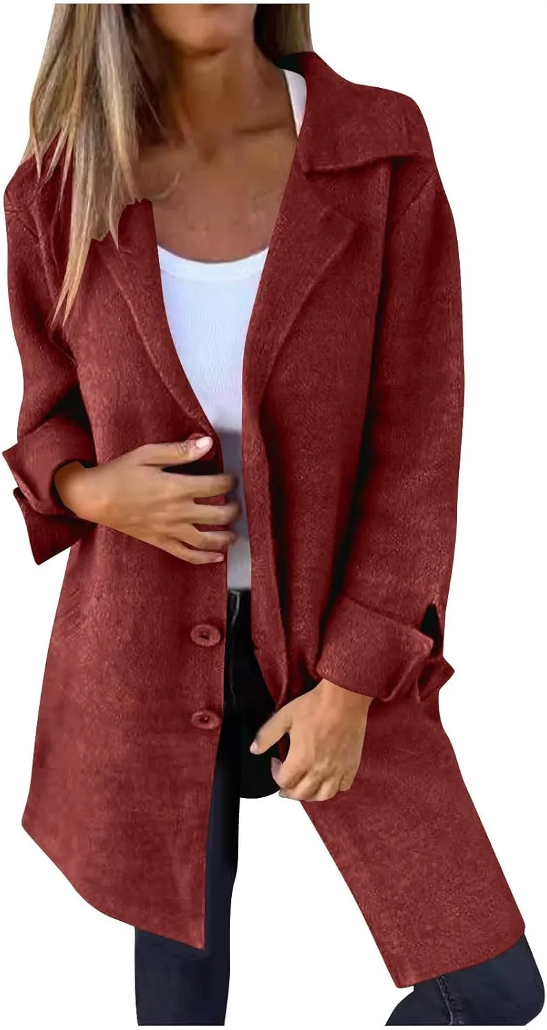 Borniu Womens Long Wool Blend Pea Coat Single Breasted Trench Coat Notch Lapel Open Front Cardigan Jacket Fall Winter Clothes