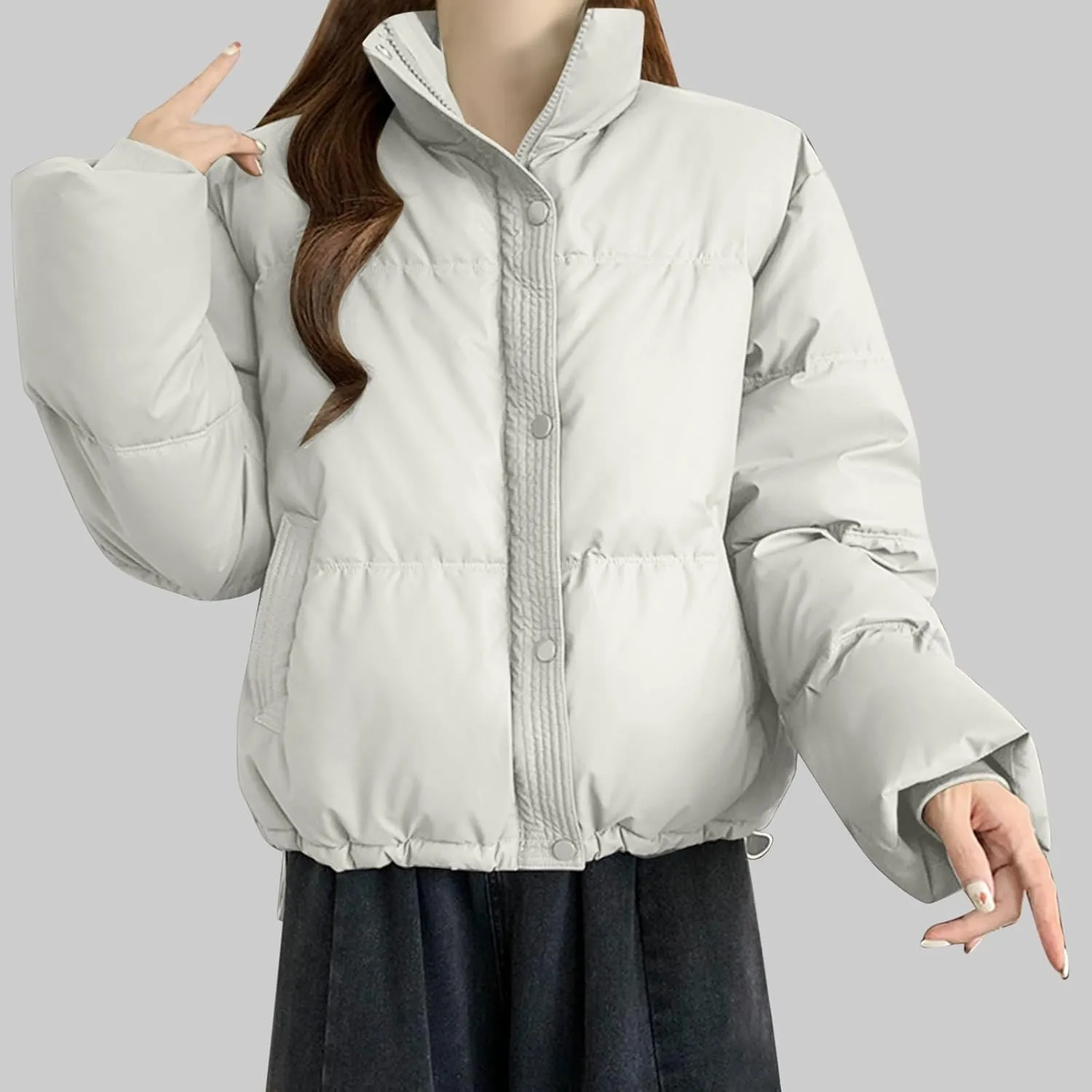 Borniu Womens Winter Quilted Jackets Long Sleeve Full Zip Puffer Jacket Stand Collar Baggy Short Down Coats with Pockets