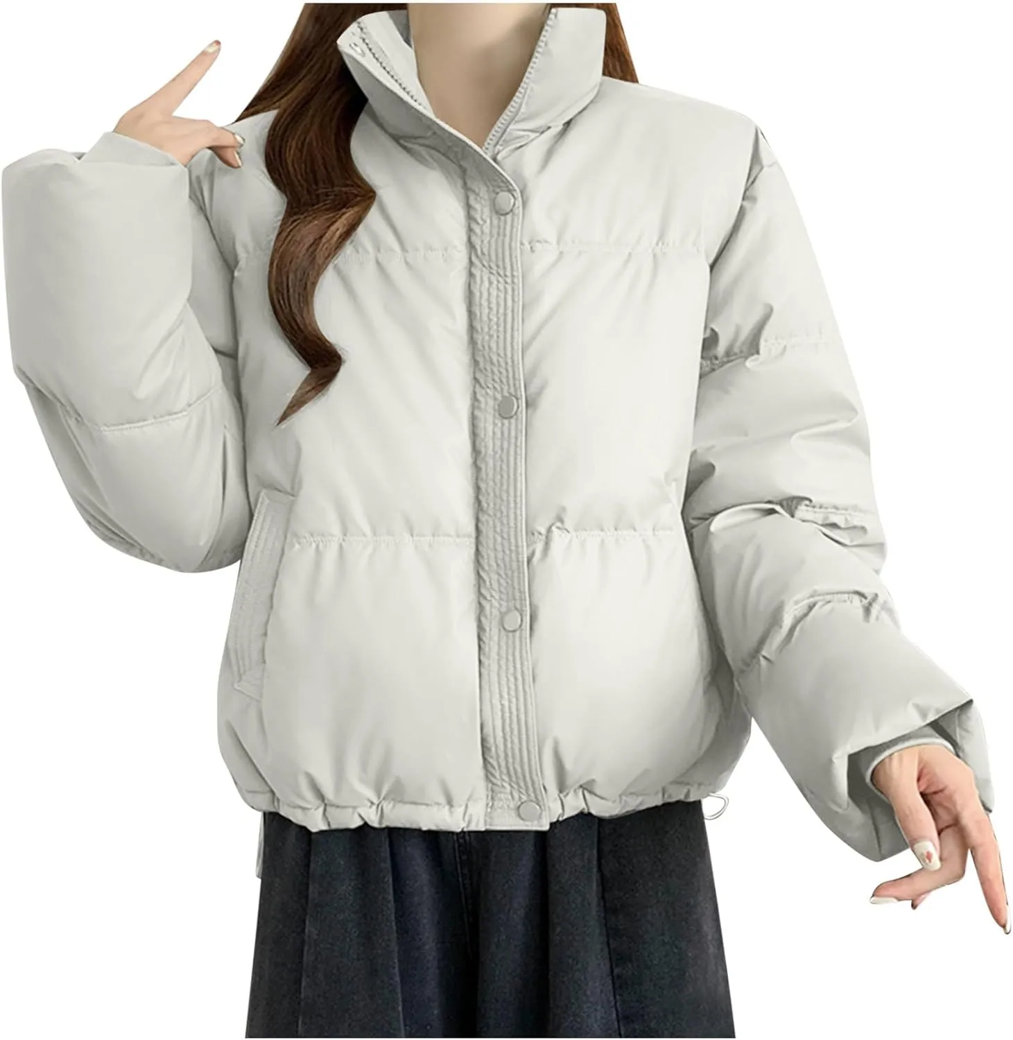 Borniu Womens Winter Quilted Jackets Long Sleeve Full Zip Puffer Jacket Stand Collar Baggy Short Down Coats with Pockets