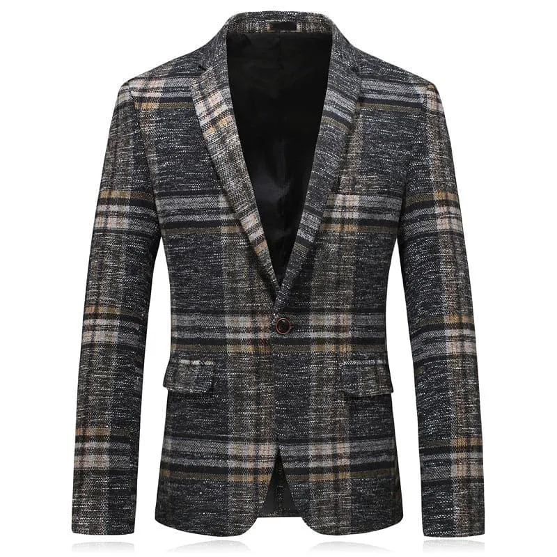 BRADLEY Men's Fashion Premium Quality Khaki Brown & Gray Plaid Style Blazer Suit Jacket