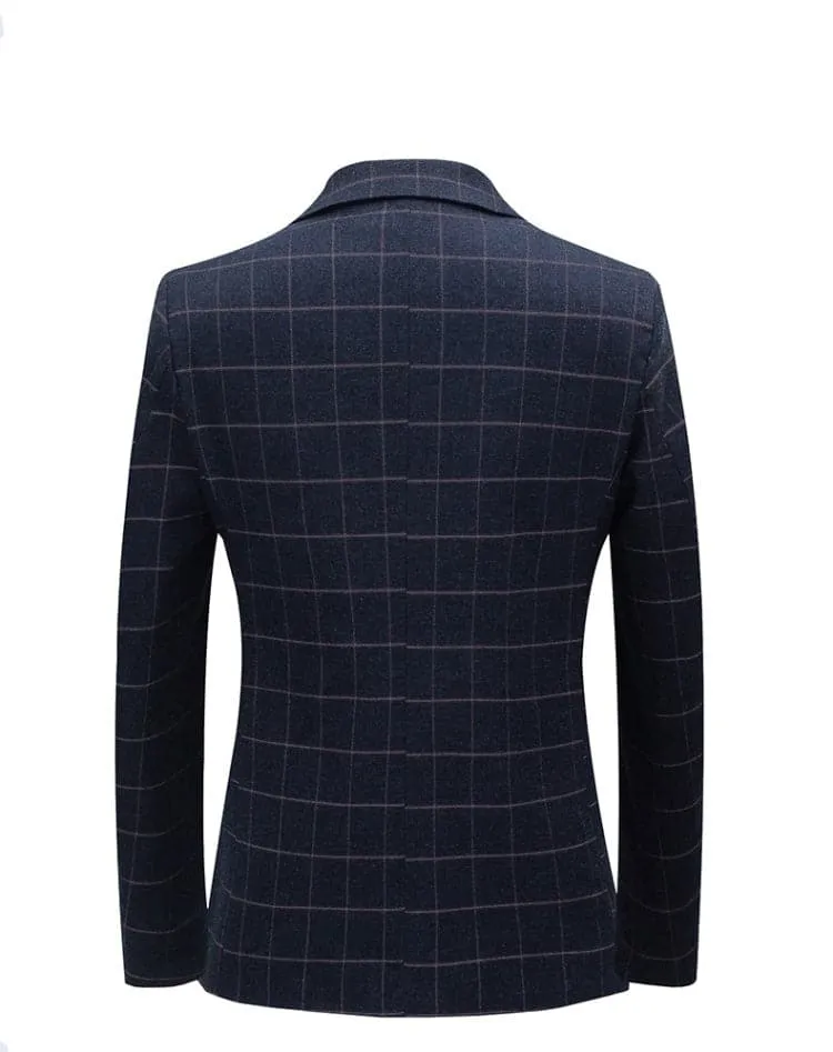 BRADLEY Men's Fashion Premium Quality Navy Blue & Black Plaid Style Blazer Suit Jacket