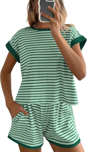 BTFBM Womens Striped Knit Sets 2 Piece Outfits 2025 Summer Short Sleeve Tops Elastic Waist Shorts Lounge Sets Pockets