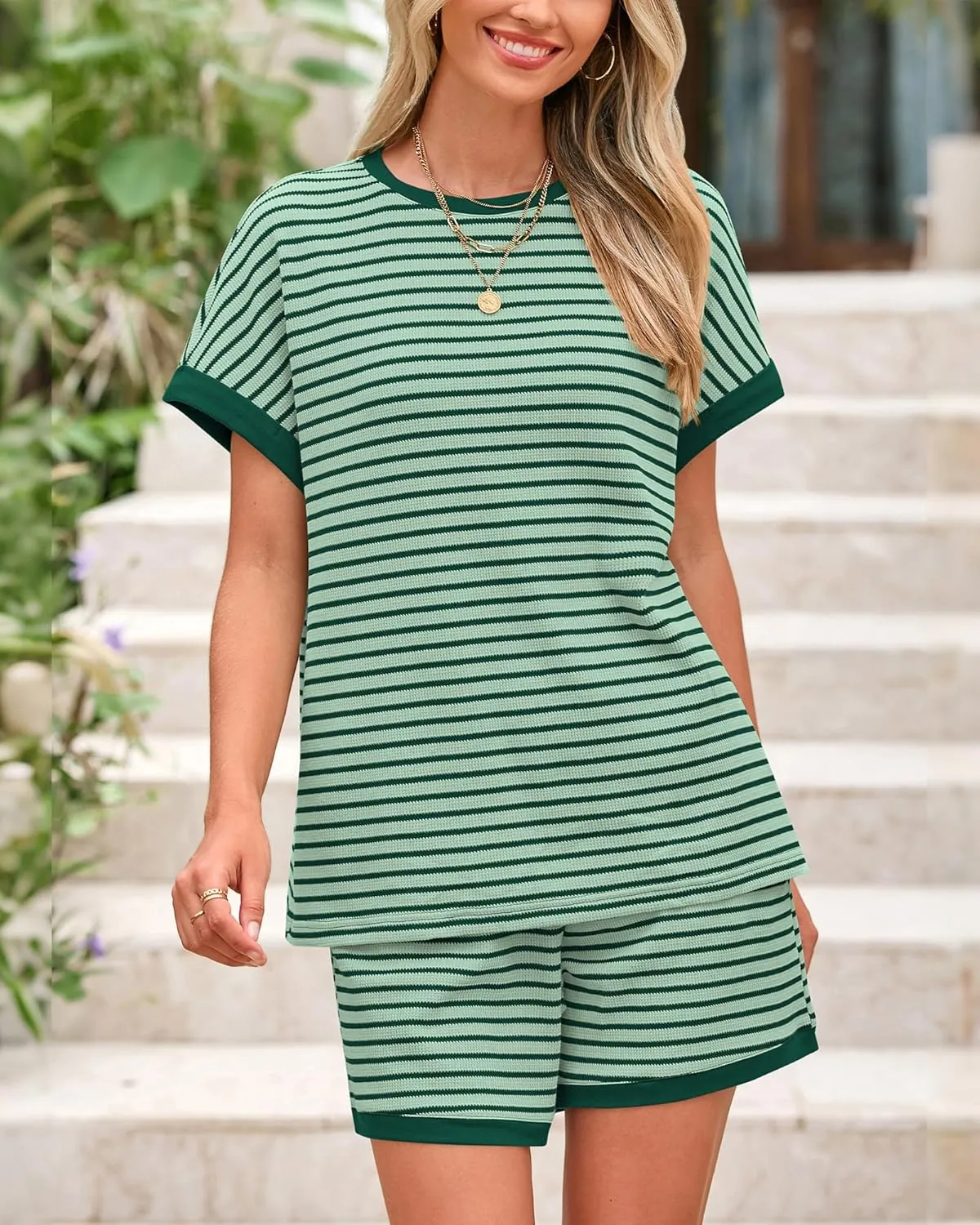 BTFBM Womens Striped Knit Sets 2 Piece Outfits 2025 Summer Short Sleeve Tops Elastic Waist Shorts Lounge Sets Pockets