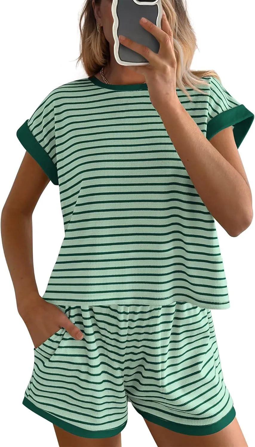 BTFBM Womens Striped Knit Sets 2 Piece Outfits 2025 Summer Short Sleeve Tops Elastic Waist Shorts Lounge Sets Pockets