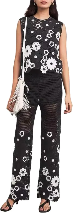 Casual 2 Piece Outfits for Women Crochet Sheer Knit Sets Sleeveless Top and Wide Leg Pants Lounge Sets