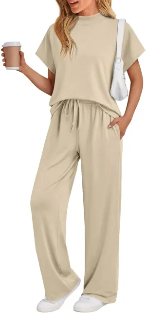 Casual 2 Piece Outfits for Women Loose Round Neck Short Sleeve Tops Drawstring Straight Pant Sets Lounge Tracksuits