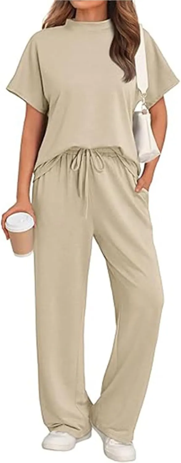 Casual 2 Piece Outfits for Women Loose Round Neck Short Sleeve Tops Drawstring Straight Pant Sets Lounge Tracksuits