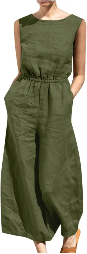 Casual Jumpsuits Women Dressy 2025 Summer One Piece Outfits Crew Neck Sleeveless Cotton Linen Wide Leg Pants Romper