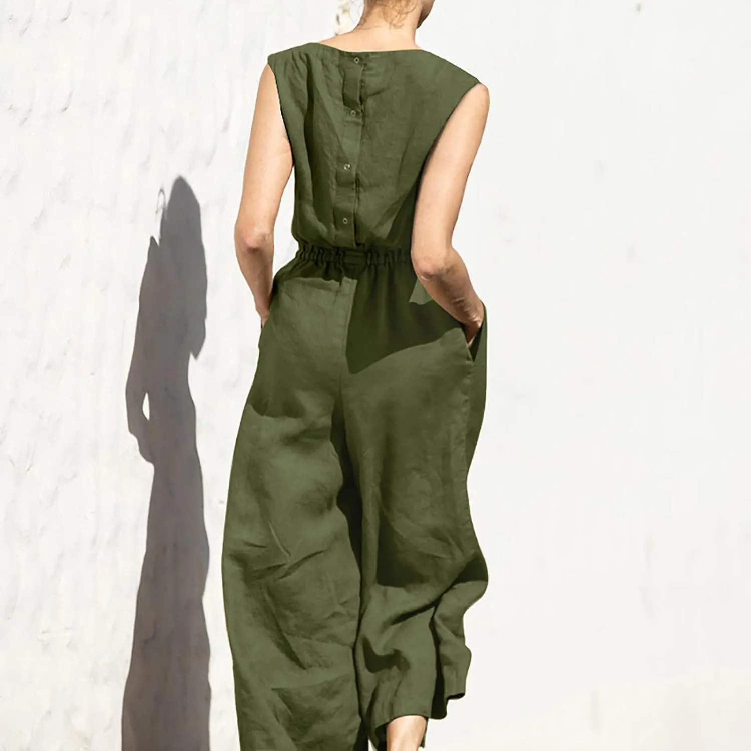 Casual Jumpsuits Women Dressy 2025 Summer One Piece Outfits Crew Neck Sleeveless Cotton Linen Wide Leg Pants Romper