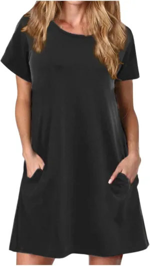 Casual T Shirt Dress for Women Flowy Tunic Dress with Pockets Short Sleeve Knee Length Summer Dresses Casual Loose Fit