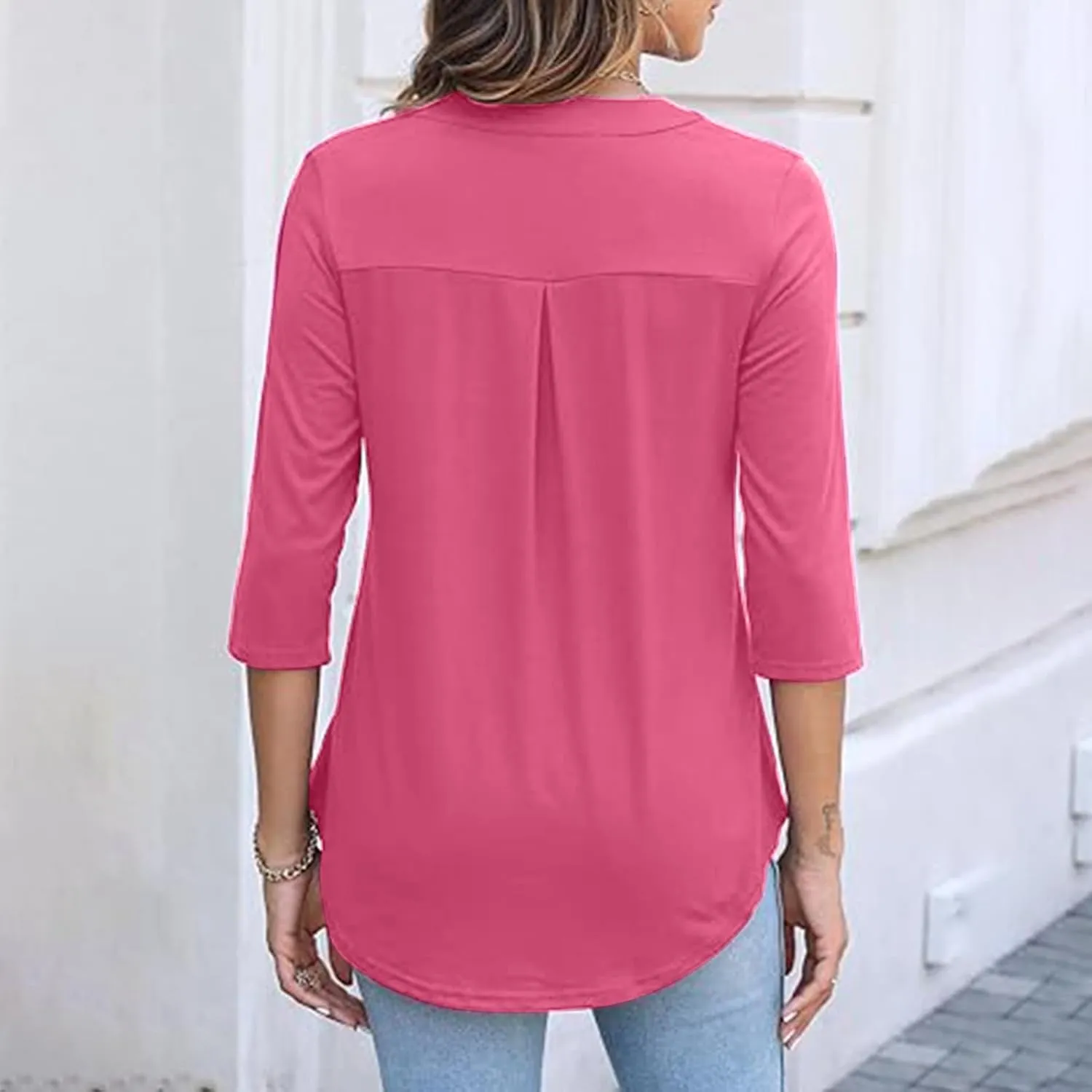 Casual Womens Slim Fit 3/4 Sleeve Tops Fashion V-Neck Quarter Zip Solid Shirt with Pockets 2025 Soft Fashion Hem Pullover