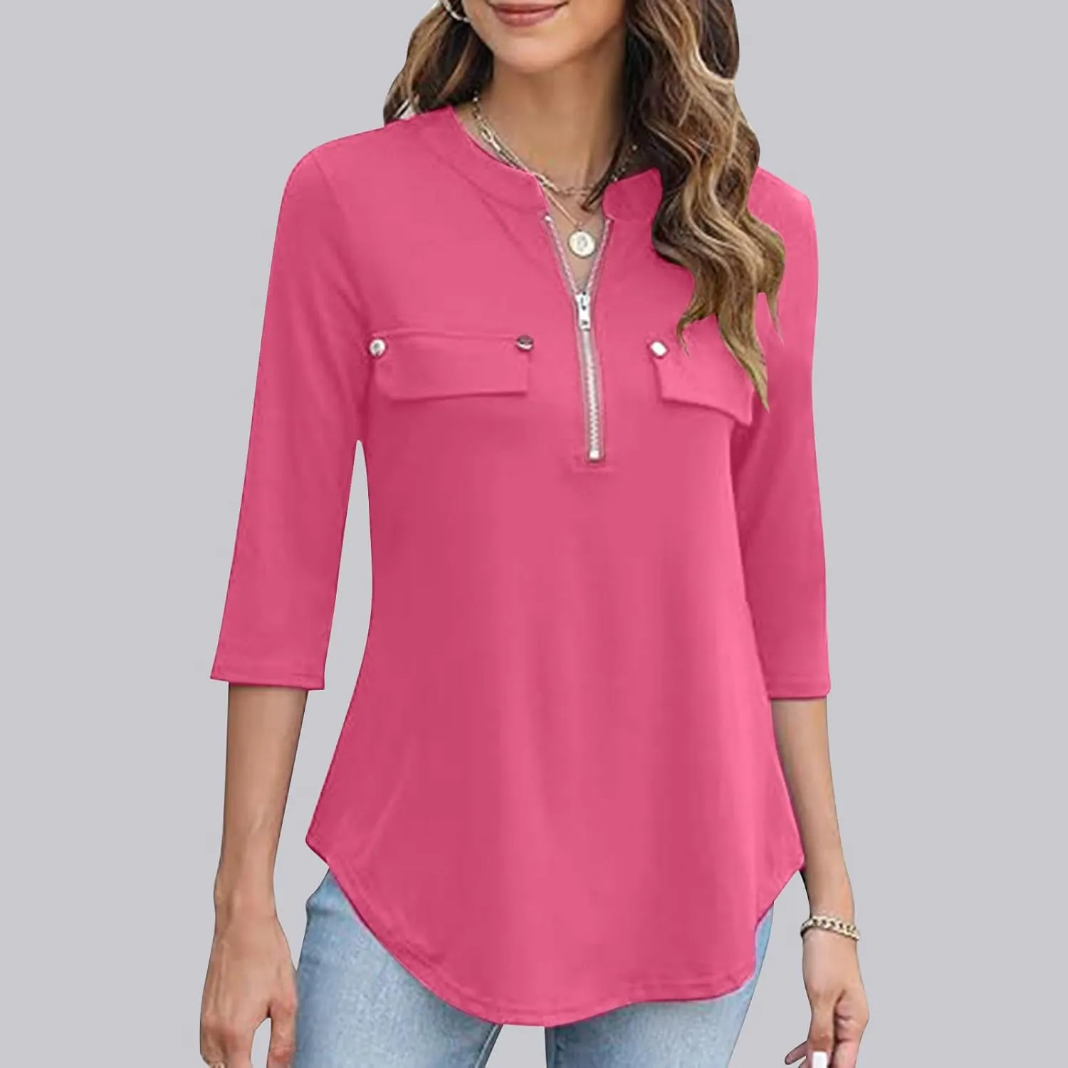 Casual Womens Slim Fit 3/4 Sleeve Tops Fashion V-Neck Quarter Zip Solid Shirt with Pockets 2025 Soft Fashion Hem Pullover