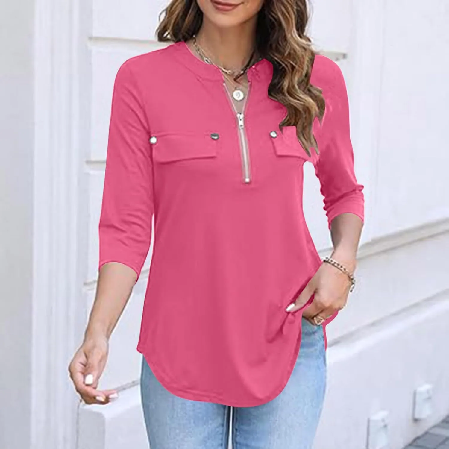 Casual Womens Slim Fit 3/4 Sleeve Tops Fashion V-Neck Quarter Zip Solid Shirt with Pockets 2025 Soft Fashion Hem Pullover