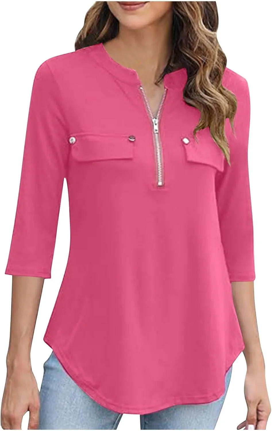 Casual Womens Slim Fit 3/4 Sleeve Tops Fashion V-Neck Quarter Zip Solid Shirt with Pockets 2025 Soft Fashion Hem Pullover