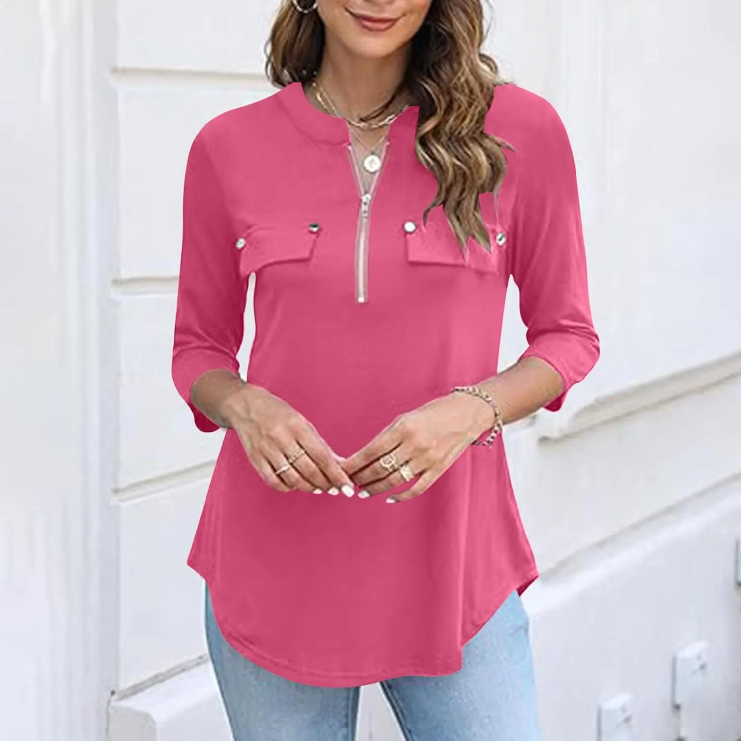 Casual Womens Slim Fit 3/4 Sleeve Tops Fashion V-Neck Quarter Zip Solid Shirt with Pockets 2025 Soft Fashion Hem Pullover