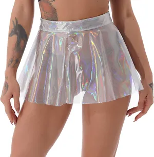 CHICTRY Women's PVC Transparent Pleated Mini Skirts Bodycon Rave Festival Skirts Sheer Glossy Shiny