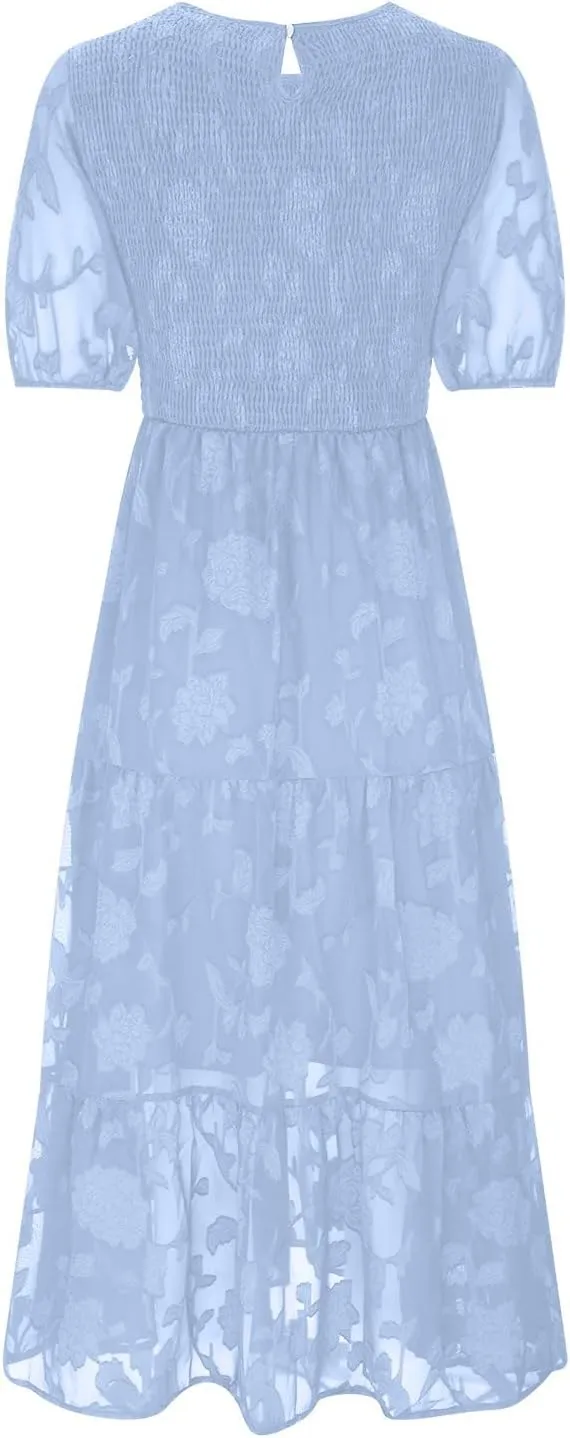 Chiffon Dresses for Women Summer Casual Waist Tiered Ankle Length Dresses Short Sleeve Round Neck Long a Line Dress