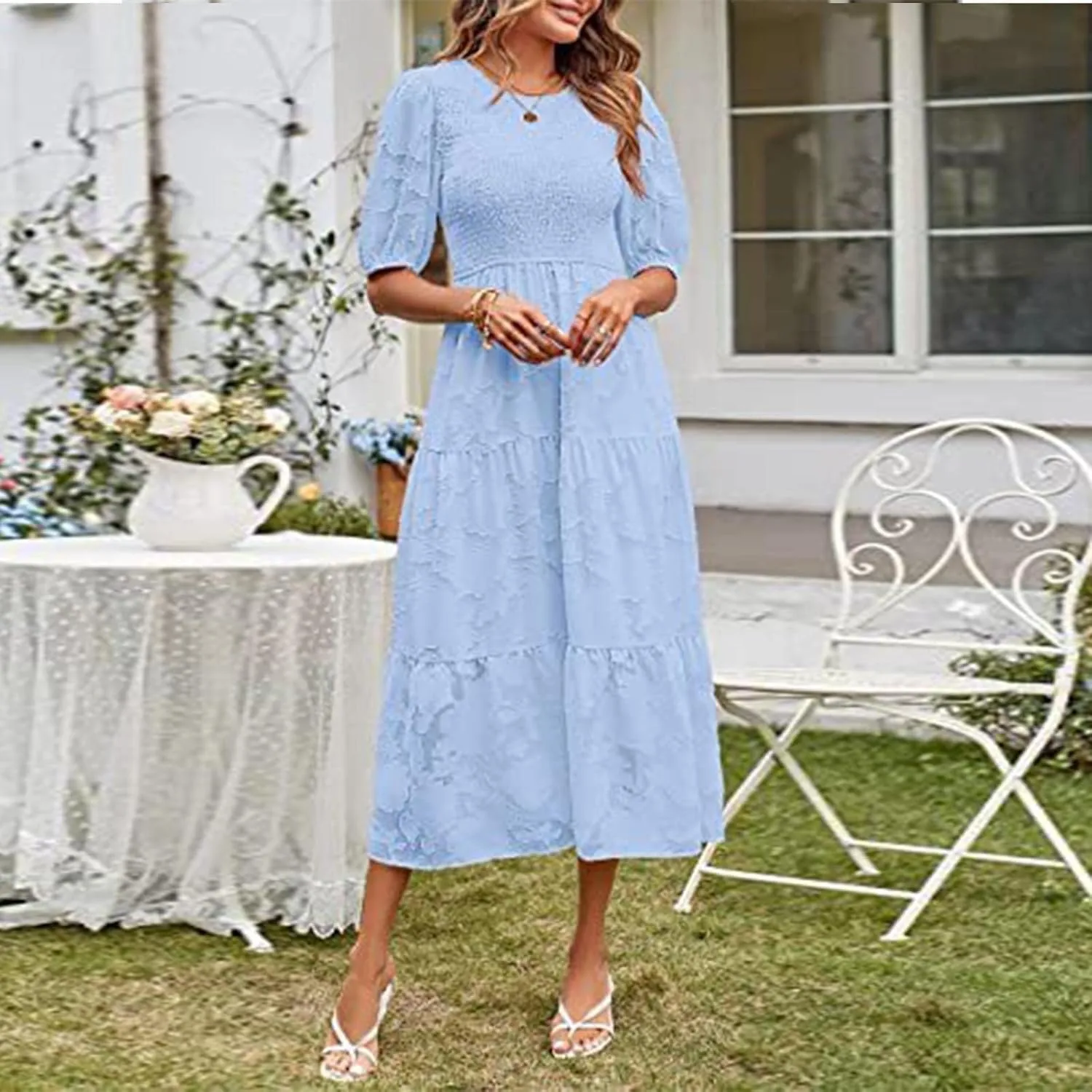 Chiffon Dresses for Women Summer Casual Waist Tiered Ankle Length Dresses Short Sleeve Round Neck Long a Line Dress