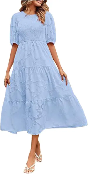 Chiffon Dresses for Women Summer Casual Waist Tiered Ankle Length Dresses Short Sleeve Round Neck Long a Line Dress