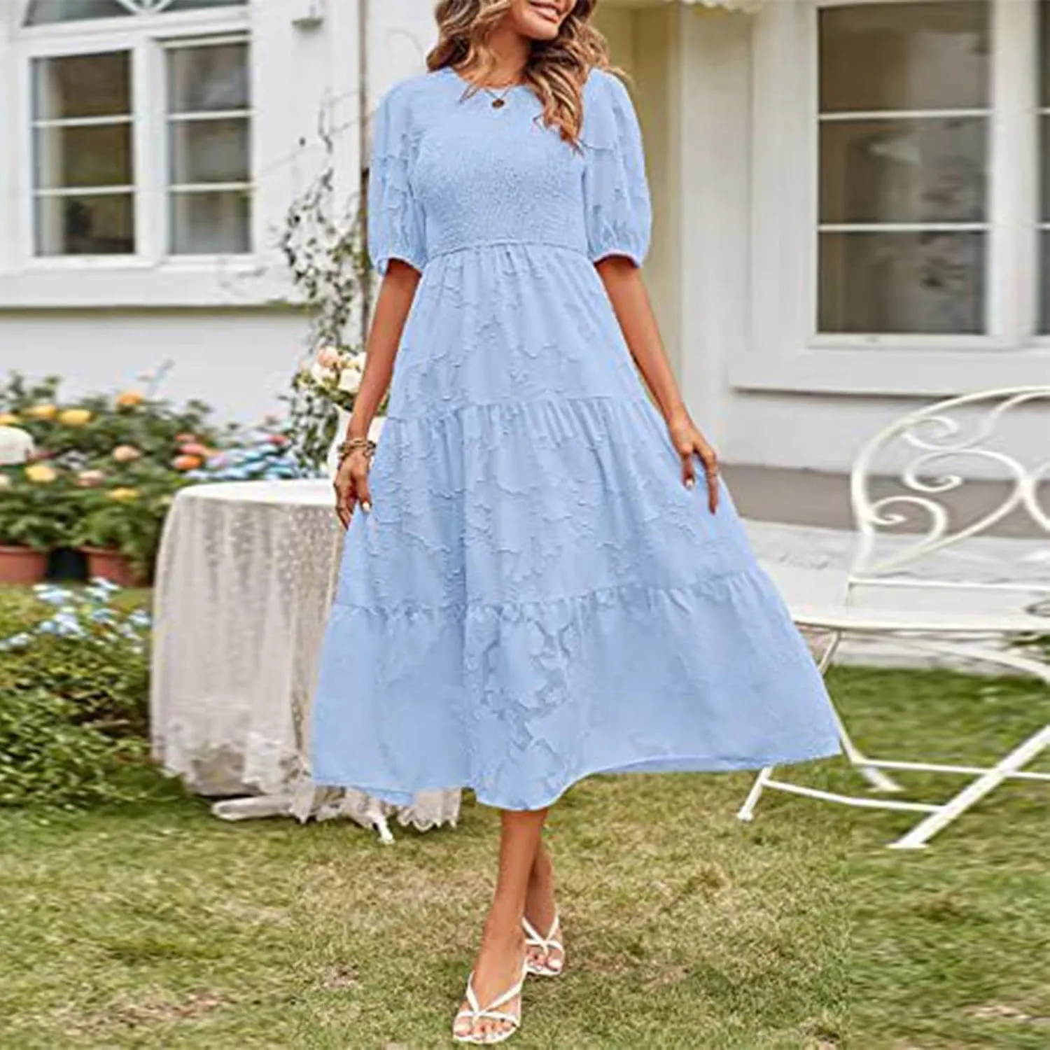 Chiffon Dresses for Women Summer Casual Waist Tiered Ankle Length Dresses Short Sleeve Round Neck Long a Line Dress