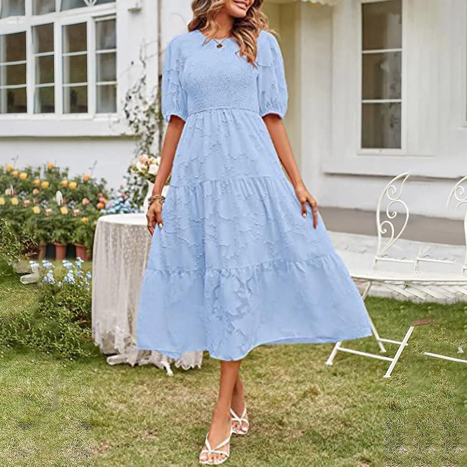 Chiffon Dresses for Women Summer Casual Waist Tiered Ankle Length Dresses Short Sleeve Round Neck Long a Line Dress