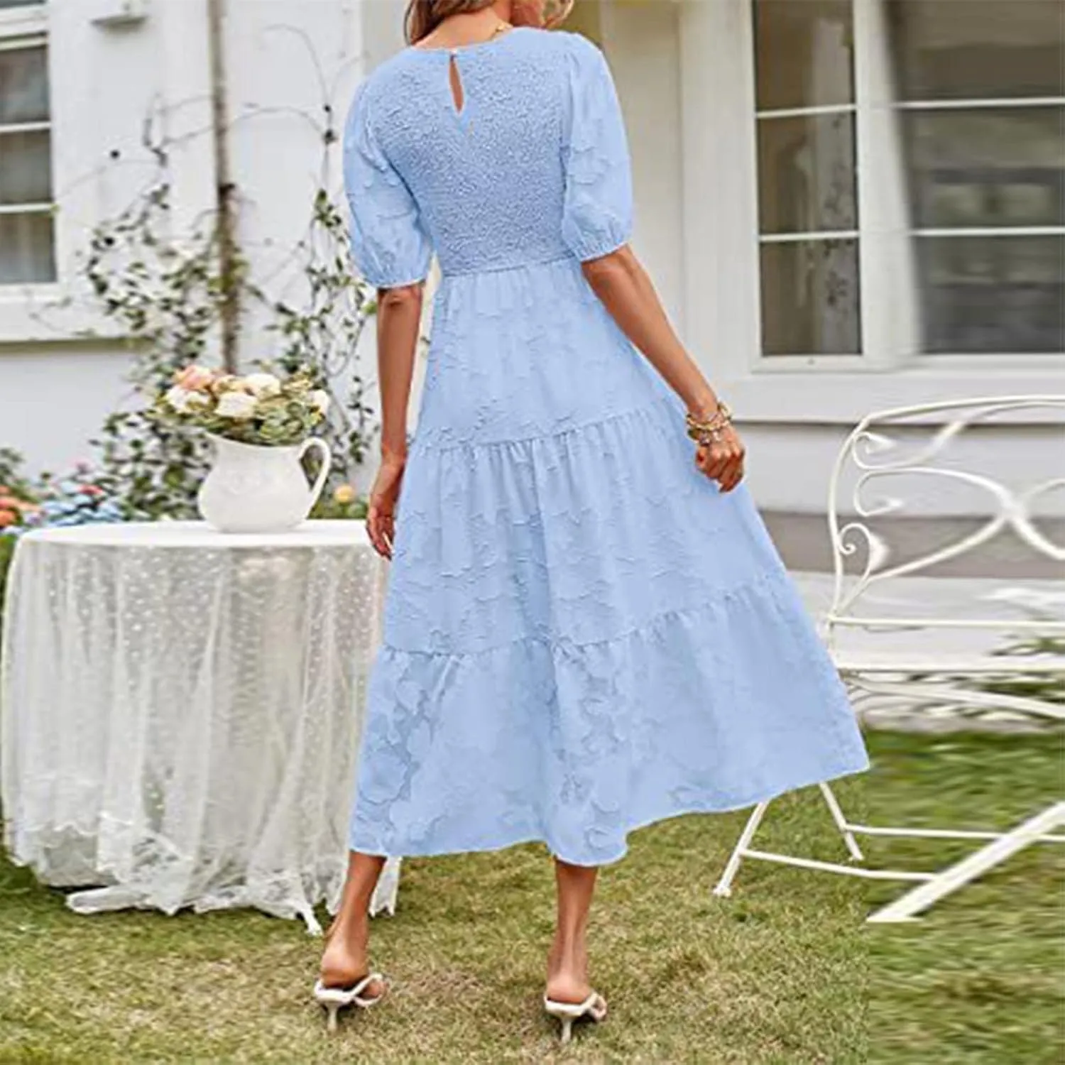 Chiffon Dresses for Women Summer Casual Waist Tiered Ankle Length Dresses Short Sleeve Round Neck Long a Line Dress