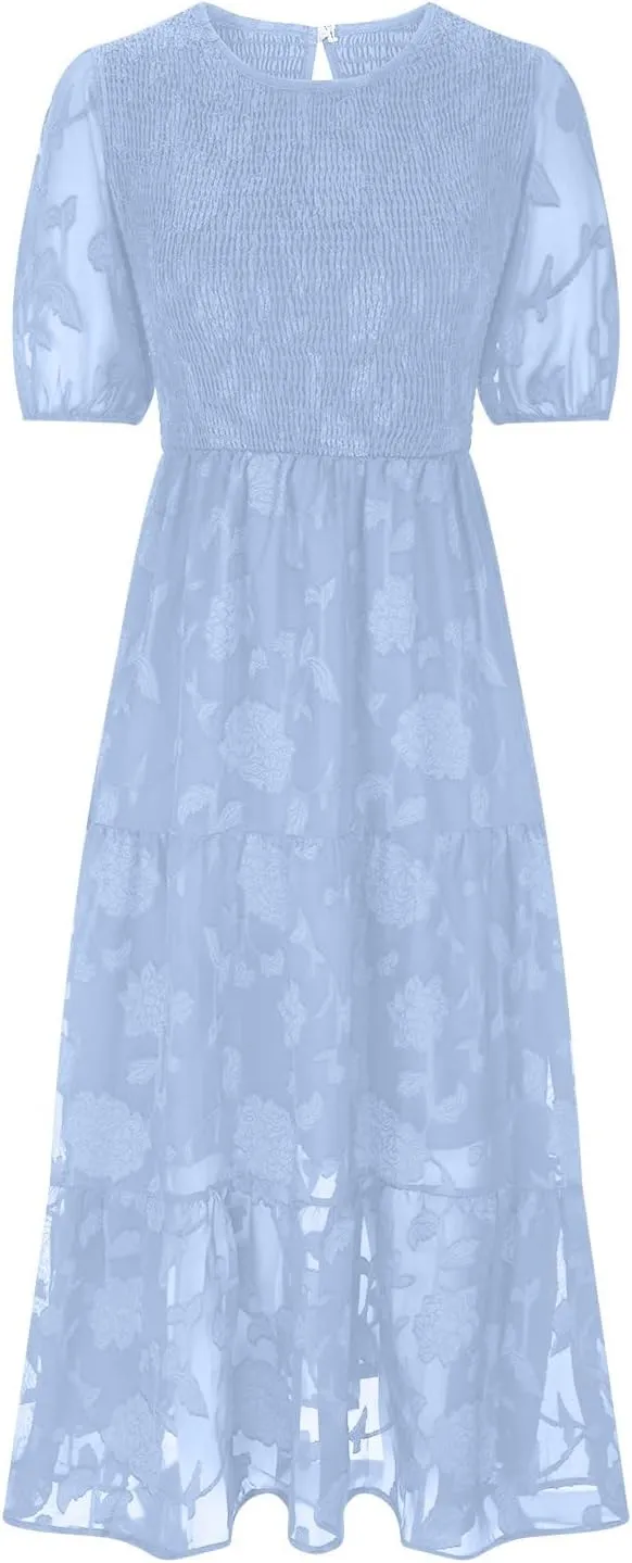 Chiffon Dresses for Women Summer Casual Waist Tiered Ankle Length Dresses Short Sleeve Round Neck Long a Line Dress