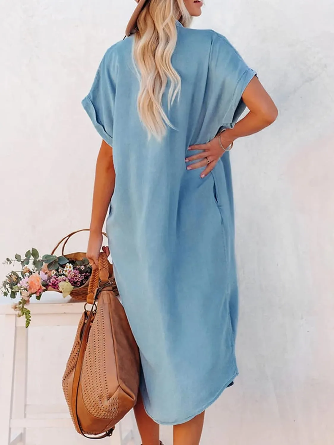 CUPSHE Dress for Women Bell Sleeve Button Down Dress Short Sleeve V Neck Casual Shirt Cover up Dress