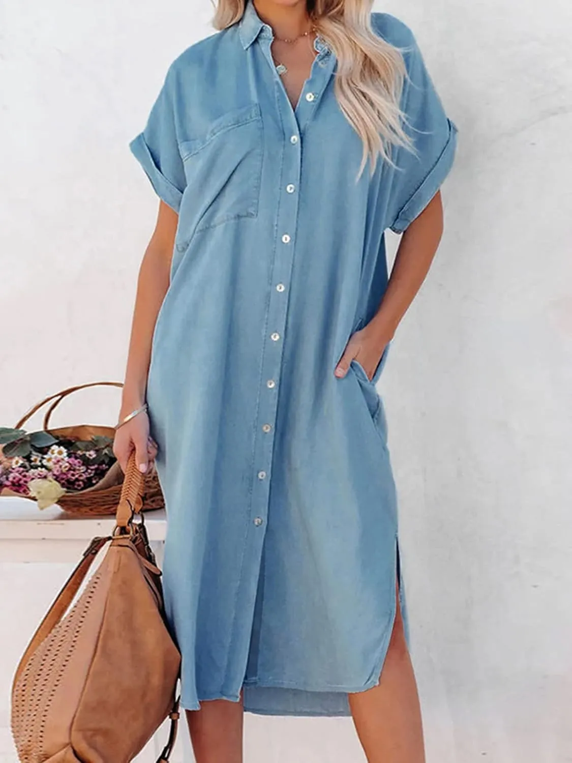 CUPSHE Dress for Women Bell Sleeve Button Down Dress Short Sleeve V Neck Casual Shirt Cover up Dress
