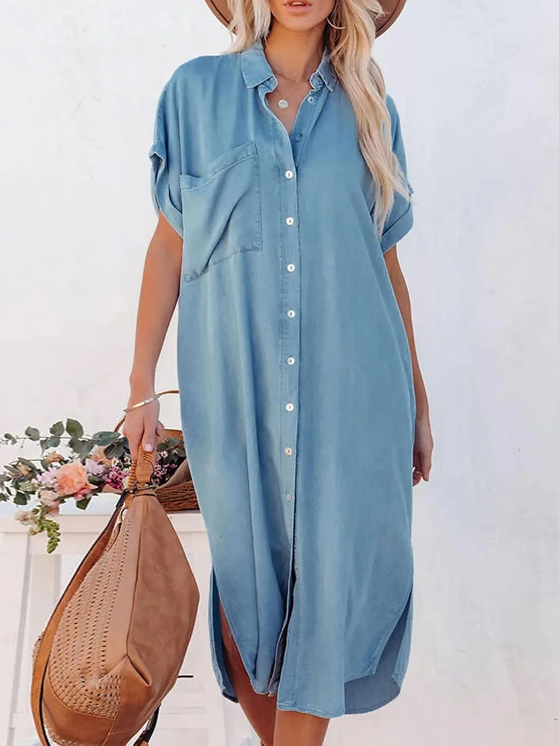 CUPSHE Dress for Women Bell Sleeve Button Down Dress Short Sleeve V Neck Casual Shirt Cover up Dress
