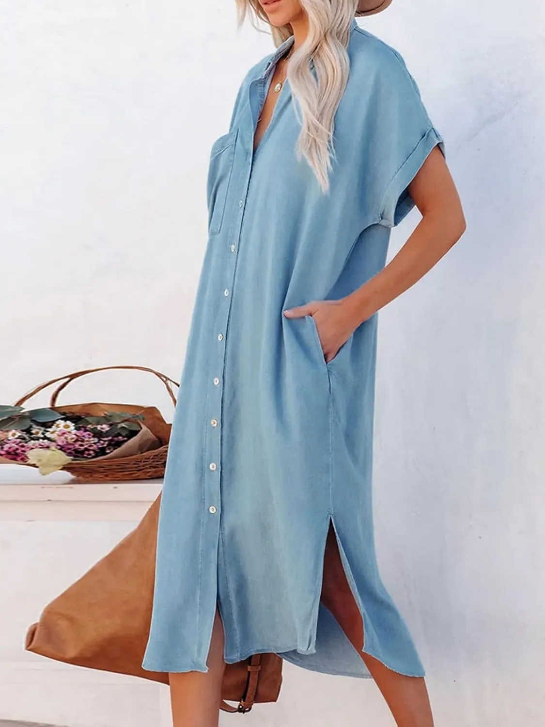 CUPSHE Dress for Women Bell Sleeve Button Down Dress Short Sleeve V Neck Casual Shirt Cover up Dress