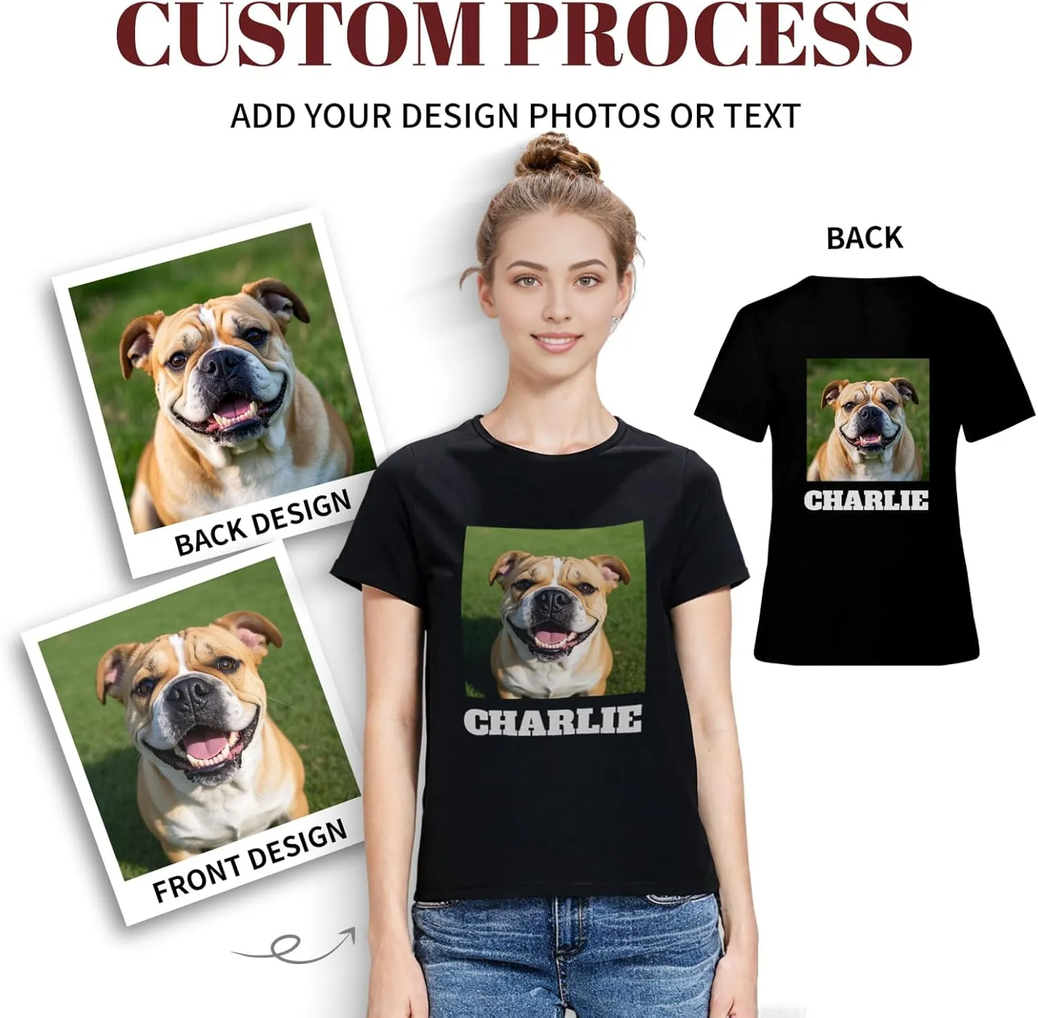Custom T-Shirts Personalized Women Crewneck T Shirts Front and Back Printed T Shirt Supports Picture Text, and Image