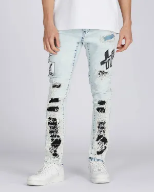 Distressed Blue Jeans with Faded Spray Painted Design-Mexico Local Delivery