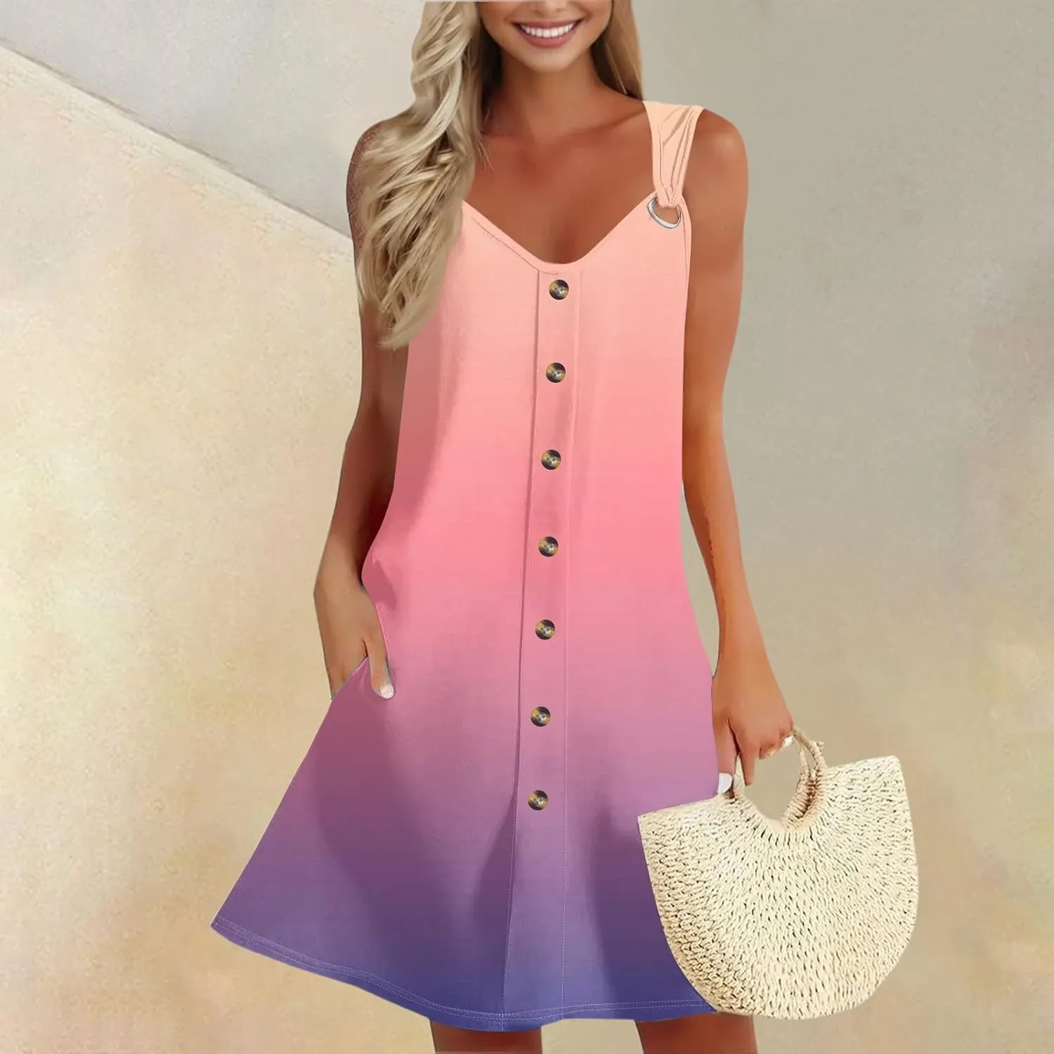 Dresses for Women 2025 Plus Size Mini Dresses Sexy Vacation Summer Clothes Sleeveless v Neck Sundress with Pockets
