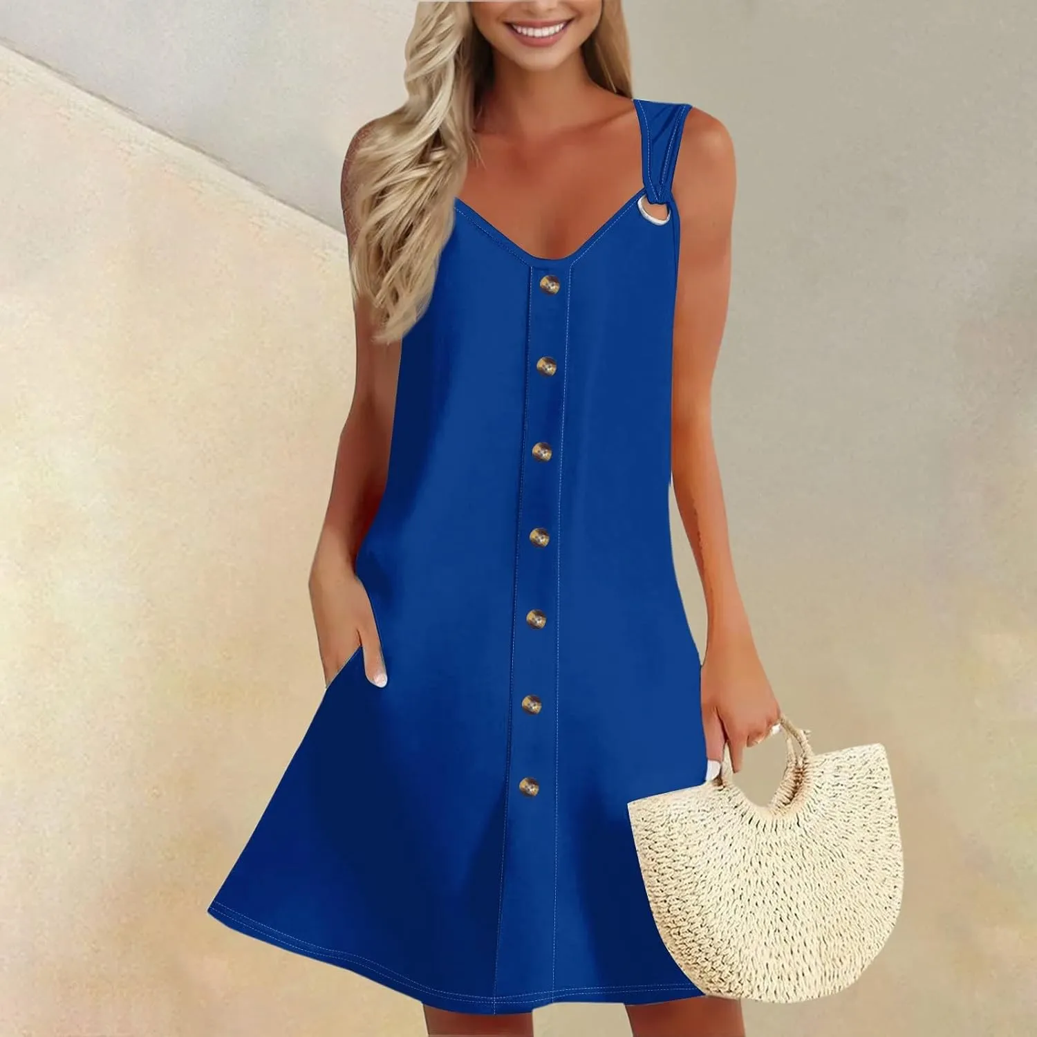Dresses for Women 2025 Plus Size Mini Dresses Sexy Vacation Sundress with Pockets Sleeveless v Neck Summer Clothes