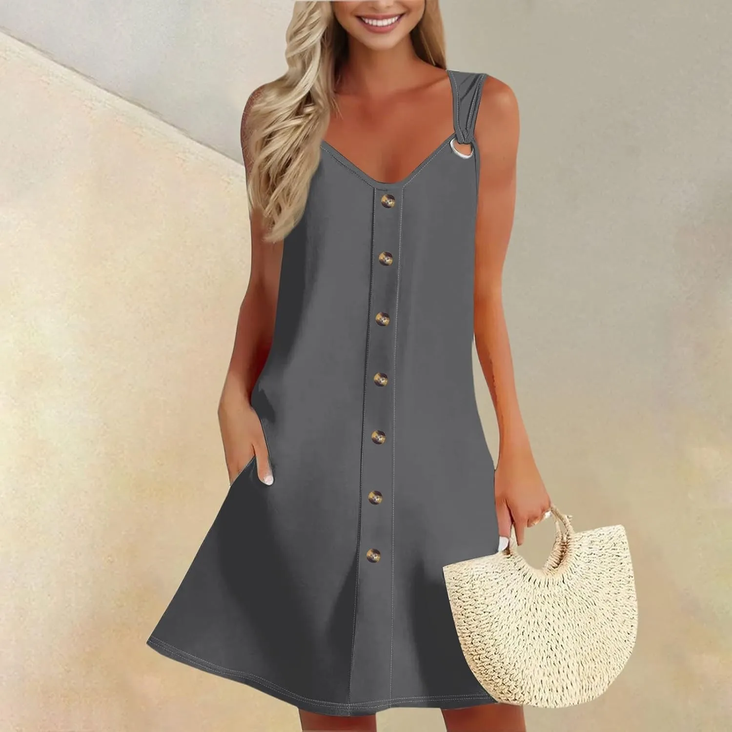 Dresses for Women 2025 Plus Size Mini Dresses Sexy Vacation Sundress with Pockets Sleeveless v Neck Summer Clothes