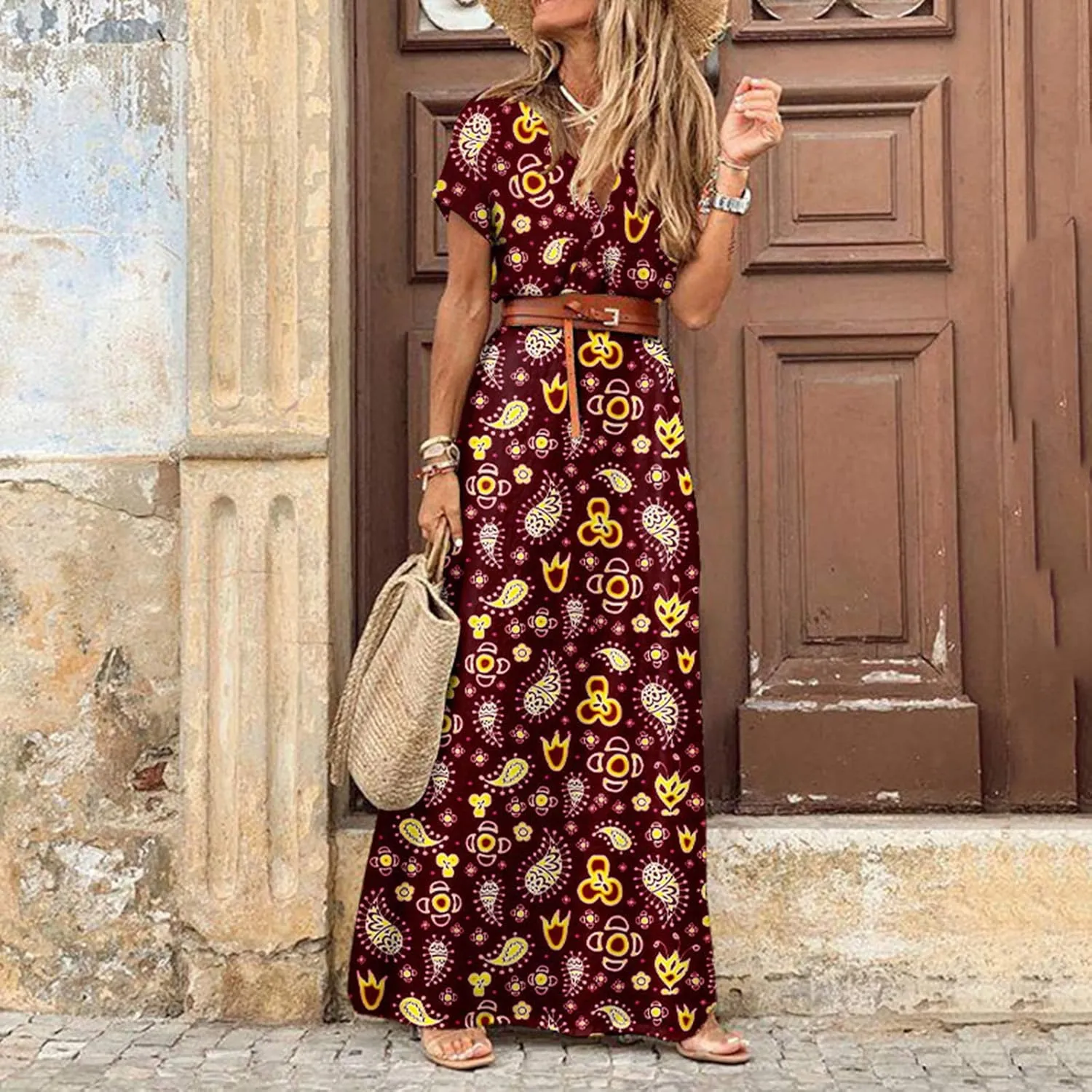 Dresses for Women 2025 Summer Wrap Maxi Dress Casual Boho Floral V Neck Short Sleeve Split Beach Long Dresses
