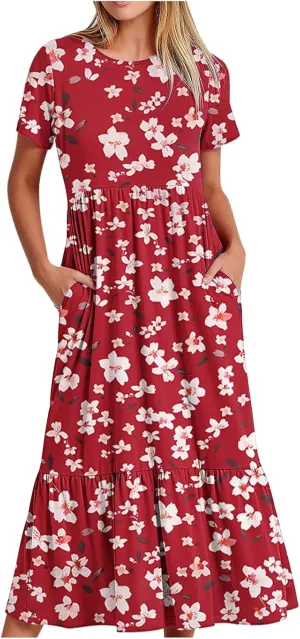 Dresses for Women Summer 2025 Casual Short Sleeve Tie-Dye Midi Sundress Flowy Long T-Shirts Dress with Pockets