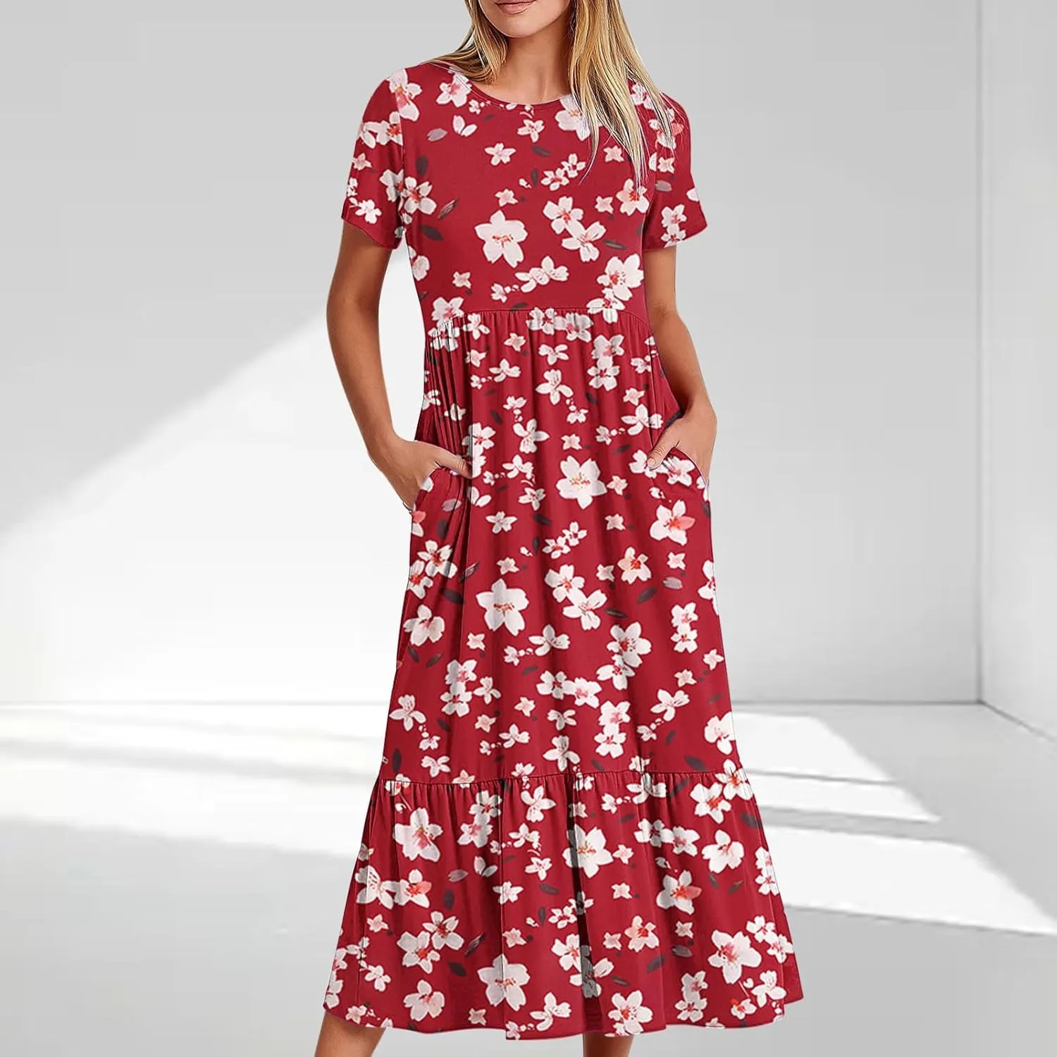 Dresses for Women Summer 2025 Casual Short Sleeve Tie-Dye Midi Sundress Flowy Long T-Shirts Dress with Pockets