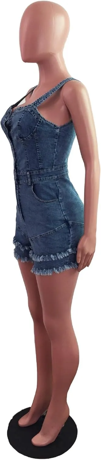 ECDAHICC Womens Sexy Short Sleeve Night Club Denim Jumpsuits Rompers Mini Shorts One Piece Stretchy Rompers with Pocket