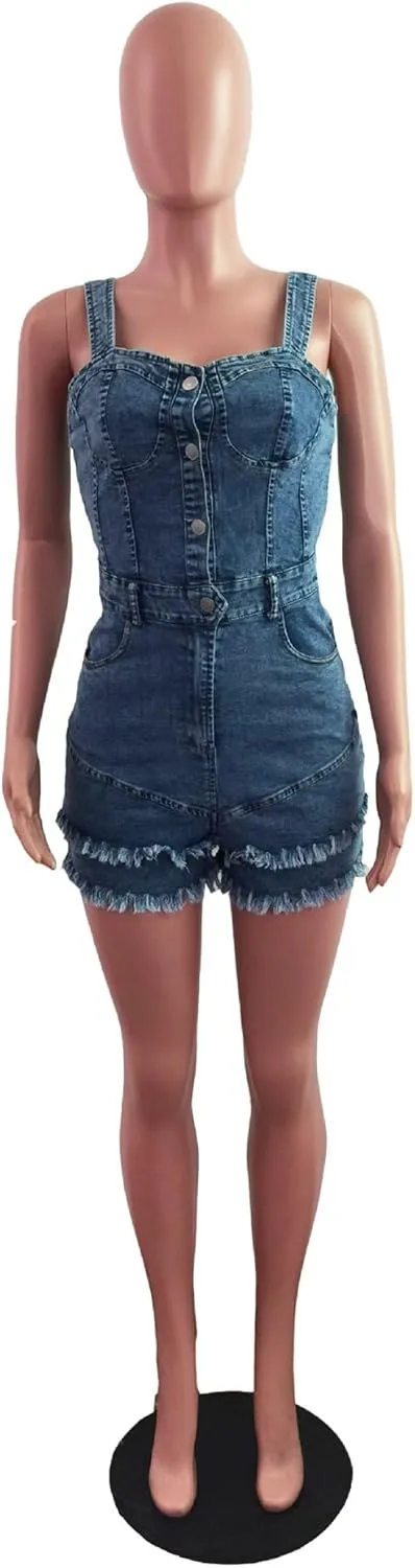 ECDAHICC Womens Sexy Short Sleeve Night Club Denim Jumpsuits Rompers Mini Shorts One Piece Stretchy Rompers with Pocket