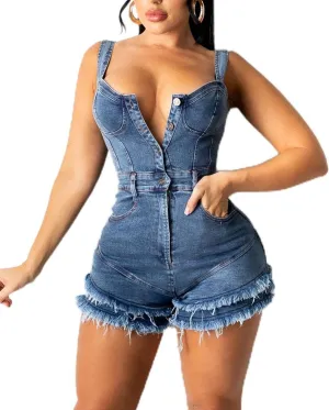 ECDAHICC Womens Sexy Short Sleeve Night Club Denim Jumpsuits Rompers Mini Shorts One Piece Stretchy Rompers with Pocket