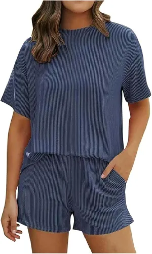 Elvessa Ribbed Textured Set, Shorts Sets Women 2 Piece Outfits, Knit Sets Two Piece Women Summer