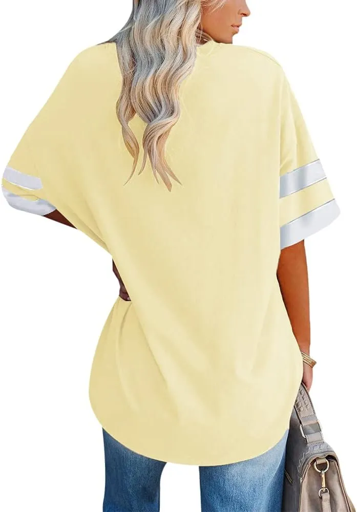 Fisoew Womens Oversized Tees Loose T Shirts Half Sleeve Crew Neck Color Block Cotton Tunic Tops