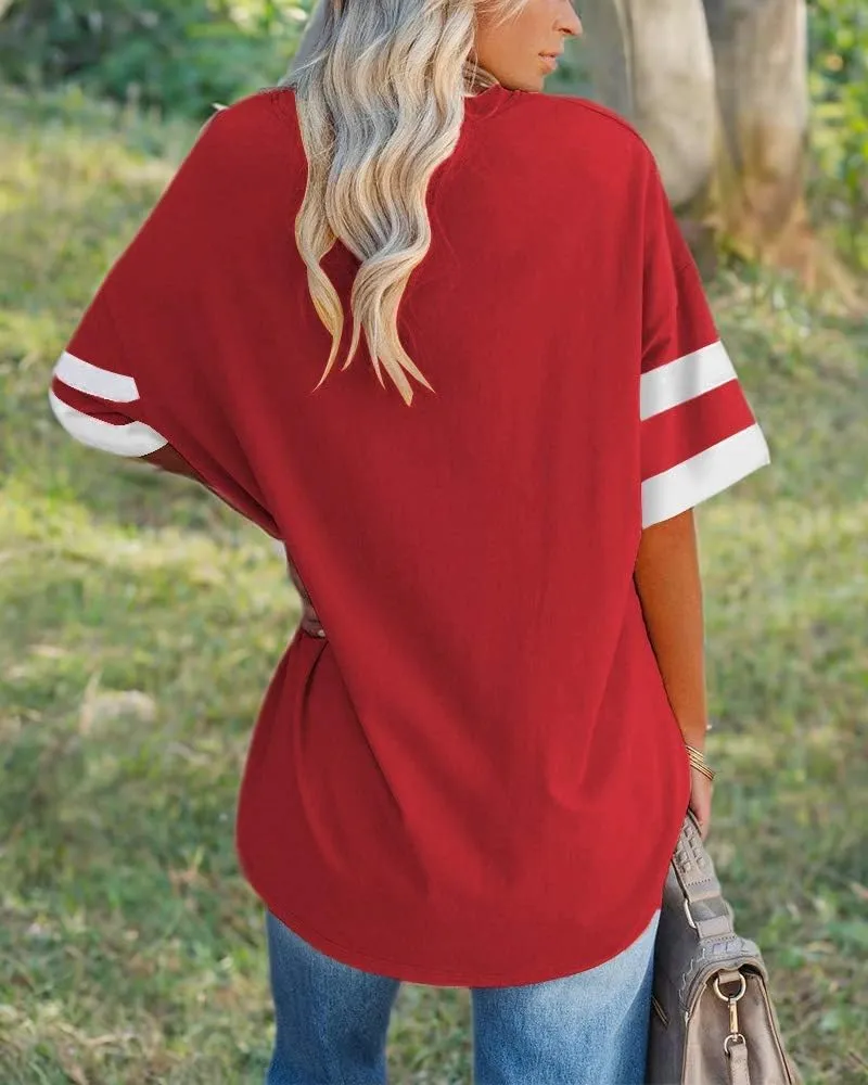 Fisoew Womens Oversized Tees Loose T Shirts Half Sleeve Crew Neck Color Block Cotton Tunic Tops