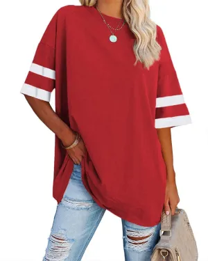 Fisoew Womens Oversized Tees Loose T Shirts Half Sleeve Crew Neck Color Block Cotton Tunic Tops